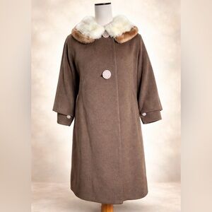 Vintage 1950s Brown Wool Coat Mink Fur Collar Rhinestone Buttons M
